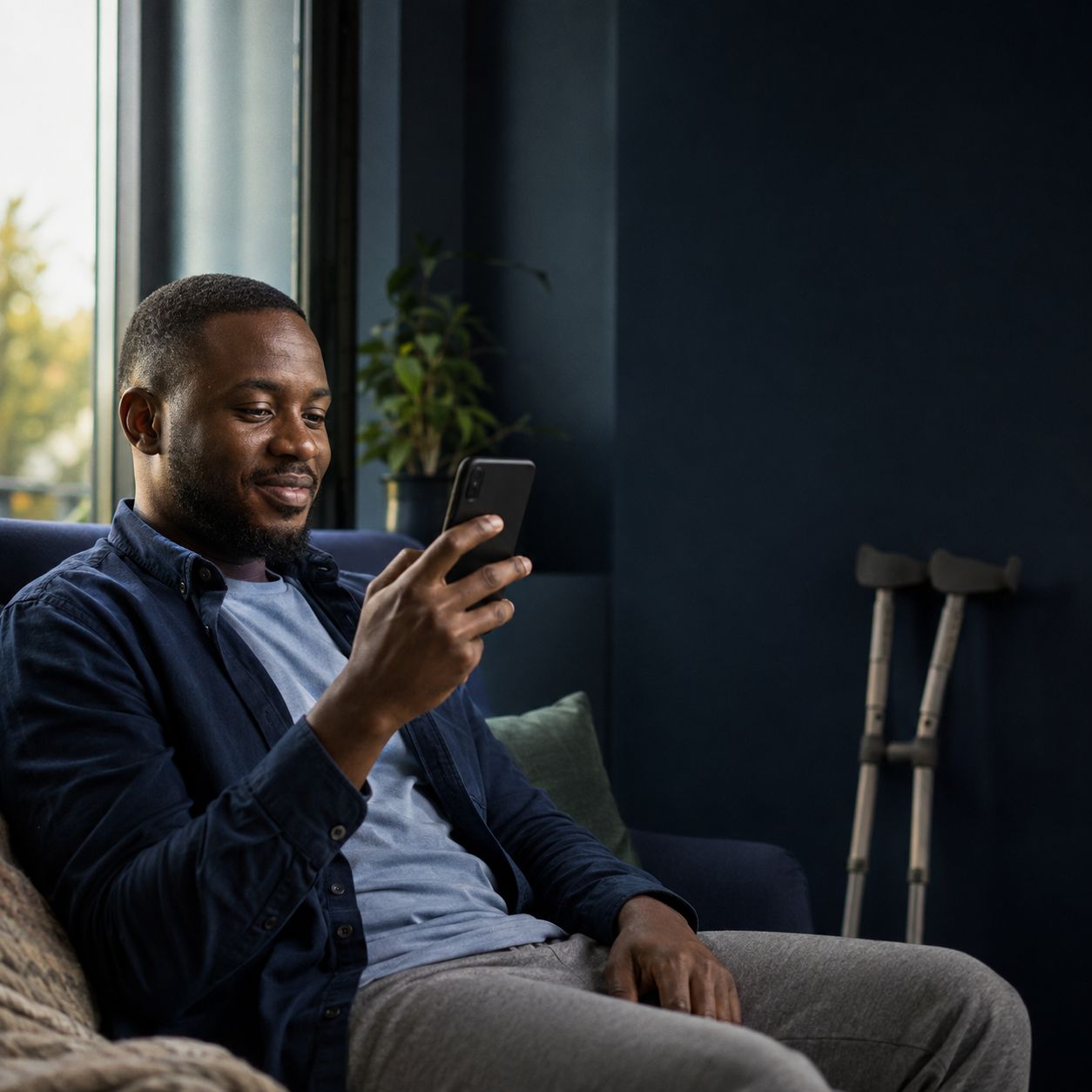 A man recovering at home checks his phone, crutches visible behind him.