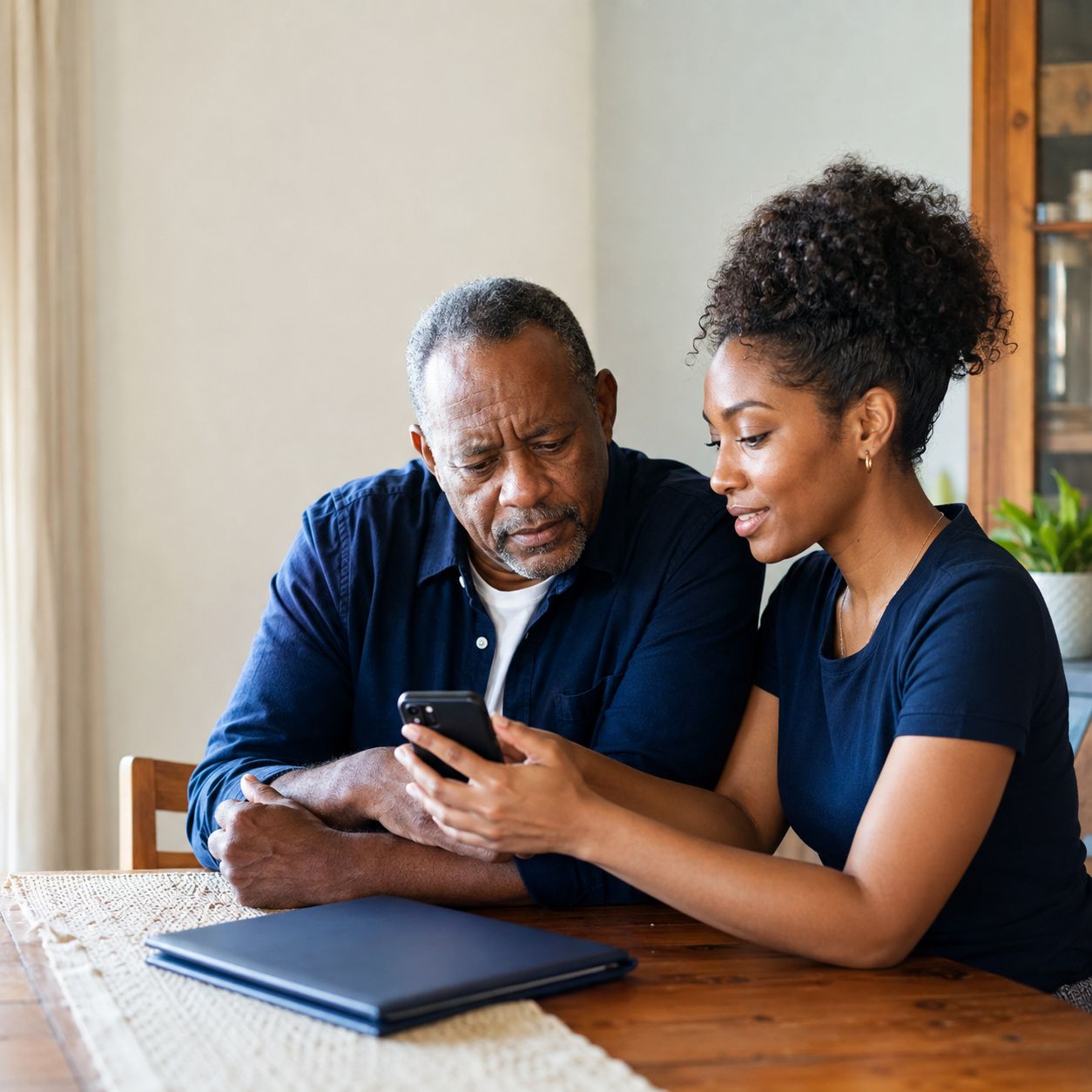 An adult daughter shows her father something on a phone at their kitchen table.