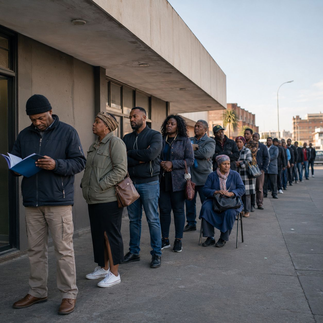 A long queue of people waiting outside an RAF office.